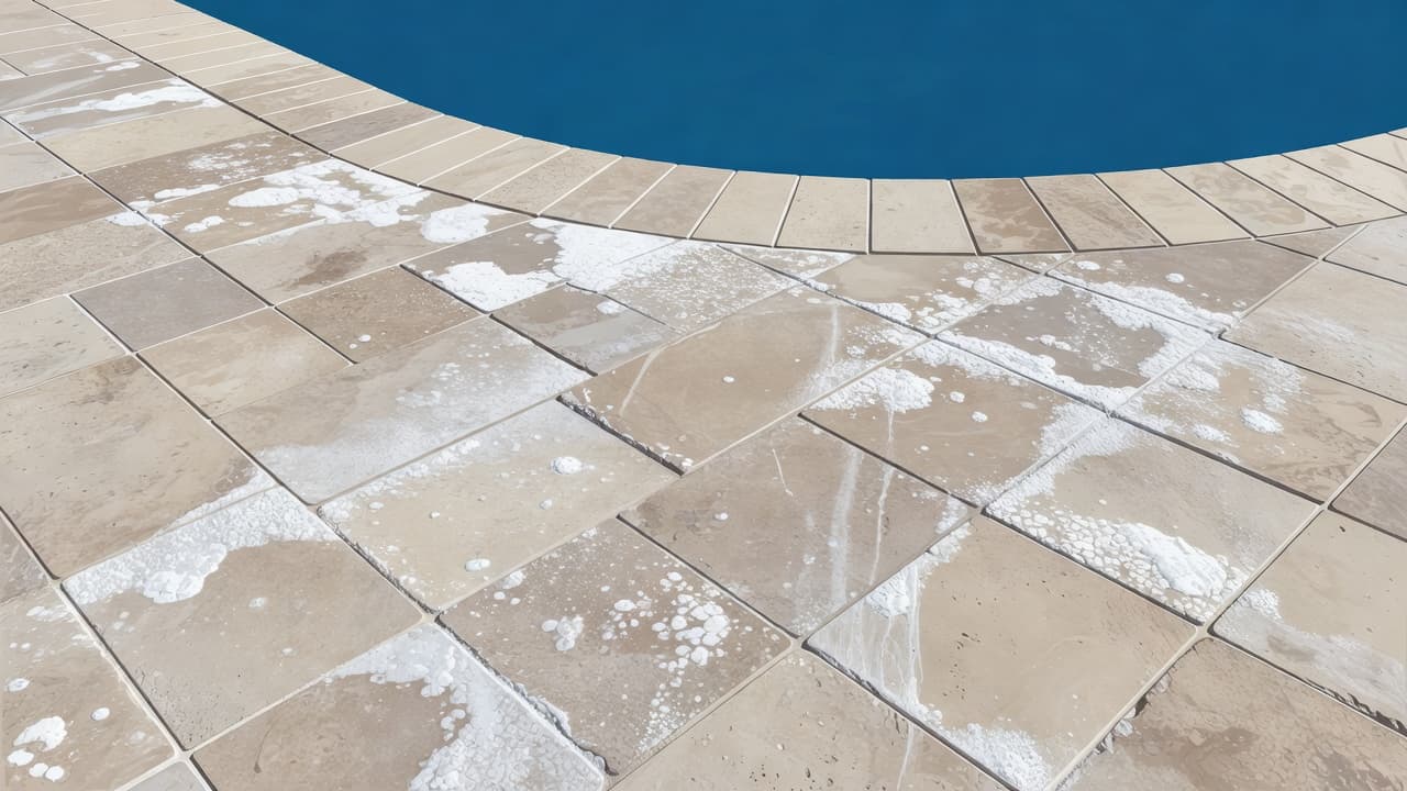 A close-up view looking down at beige stone pavers bordering a vibrant swimming pool. White mineral crusts and chalky hard water deposits are clearly visible across the textured surface of the travertine.