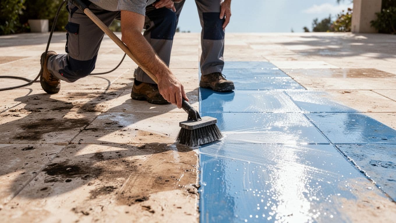 A technician uses specialized equipment to restore a travertine patio, clearly showing the contrast between grimy stone and the vibrant, cleaned surface. A striking blue bucket sits nearby as a focal point.
