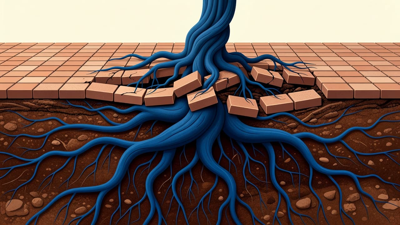 A modern graphic depicts thick brown tree roots spreading beneath a paved brick path. The roots exert upward pressure, causing individual rectangular bricks to shift, tilt, and rise above surface level.