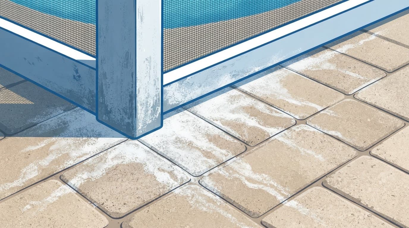 White powdery aluminum oxidation stains on brick pavers beneath a screened pool cage.