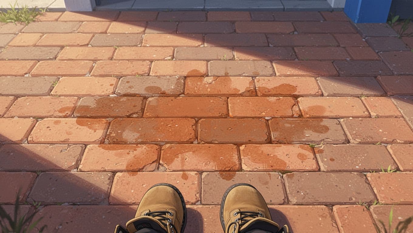 Weathered orange-brown chemical residue marks the surface of interlocking brick pavers. A pair of rugged work boots stands at the bottom edge, indicating an inspection of the driveway damage occurring.