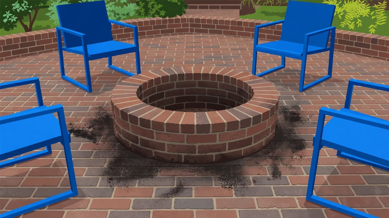 A central stone fire pit sits on a red brick patio, surrounded by dark, powdery soot stains on the ground. Vibrant blue chairs contrast against the weathered outdoor living space.