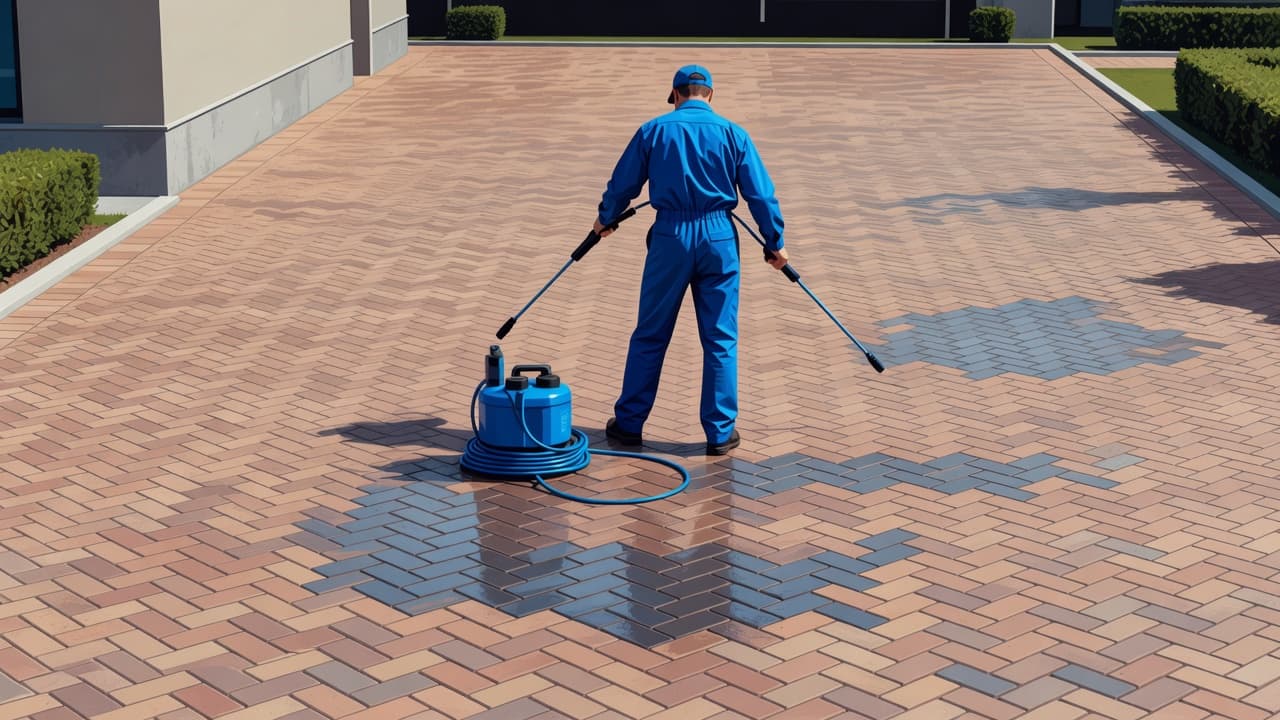 A worker seen from behind cleans a brick paver driveway with equipment.