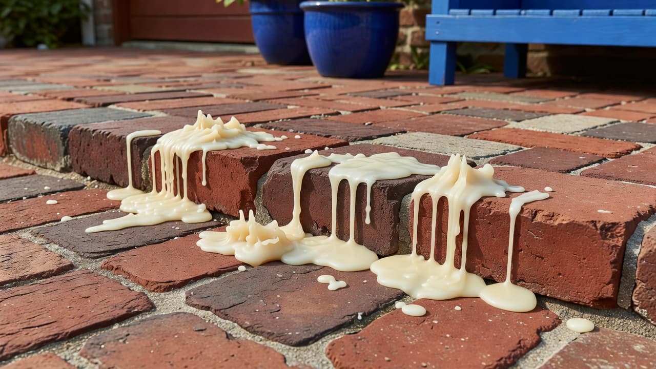 Smooth, cream-colored candle wax drips hardened onto the rough, textured surface of red brick pavers in a residential backyard. A blurry royal blue garden pot sits in the sunny background.