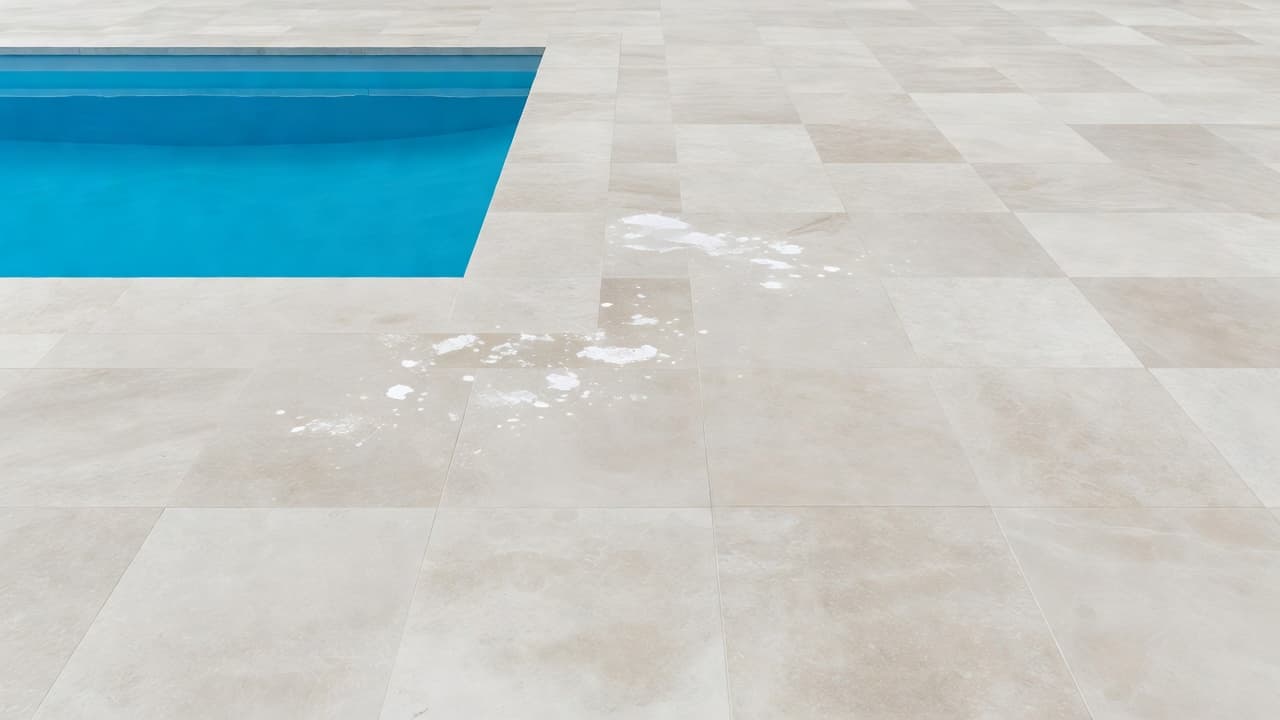 A smooth light-colored travertine stone deck surrounds a pool with vibrant blue water. A single dark mark disrupts the clean stone surface, highlighting the contrast against the natural mineral textures.