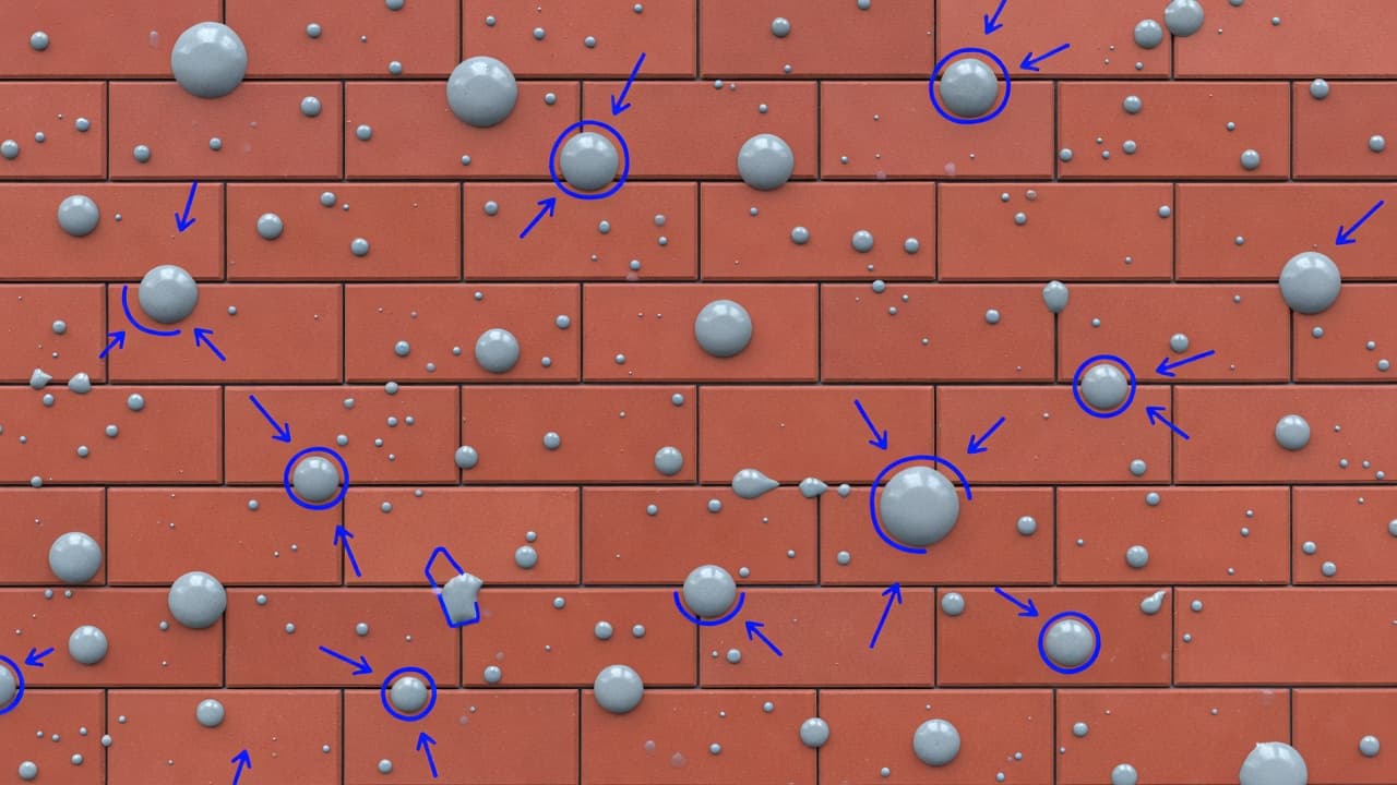 Gray concrete splatter forms irregular dried droplets across the textured surface of deep red brick pavers. Bold blue geometric accents overlay the scene, highlighting the contrast between masonry and construction debris.