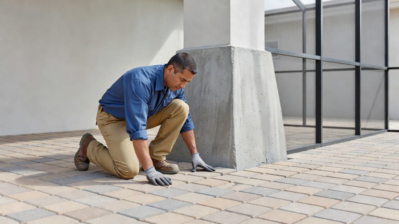 Pool deck pavers settling near a screen enclosure footing during inspection.
