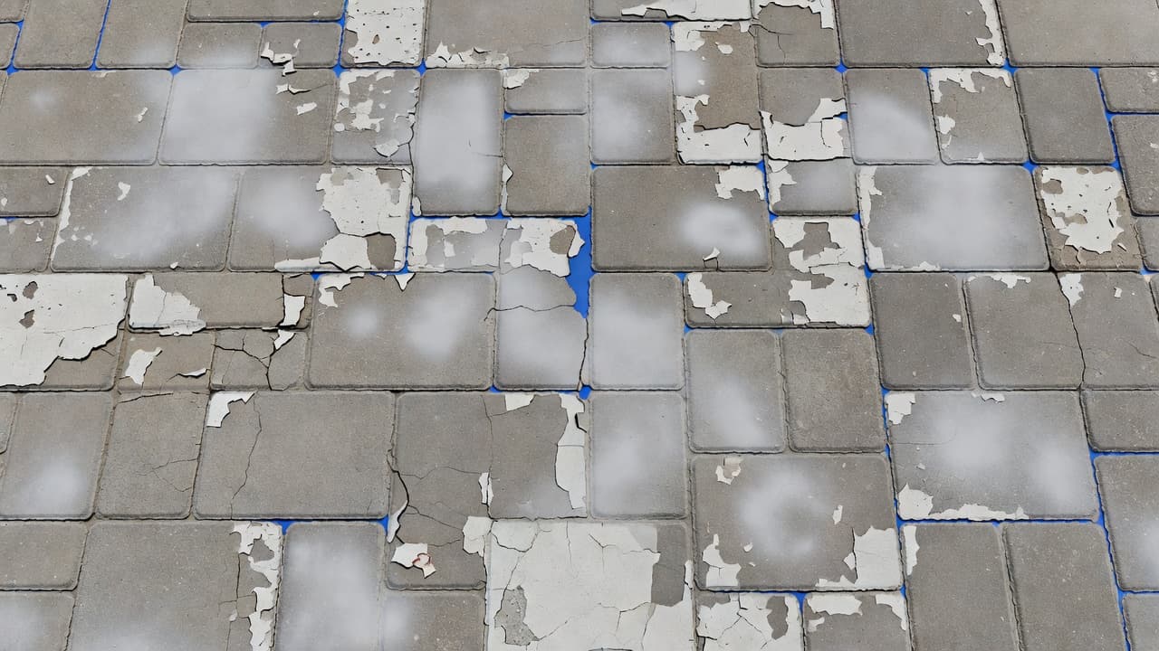 A close-up view of a worn concrete driveway displaying peeling, cloudy sealer and hazy white patches. The uneven textured surface shows clear signs of weathering and material breakdown in high contrast.