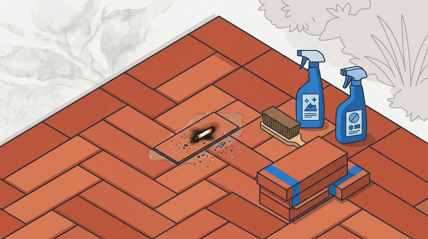 A brick patio paver with a cigarette burn mark next to repair tools and a replacement brick.
