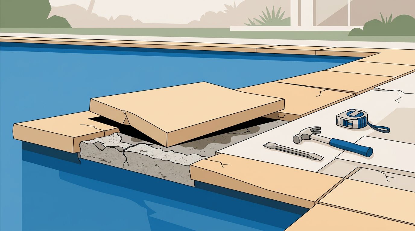 A raised travertine pool stone reveals cracked mortar beside blue water and inspection tools.