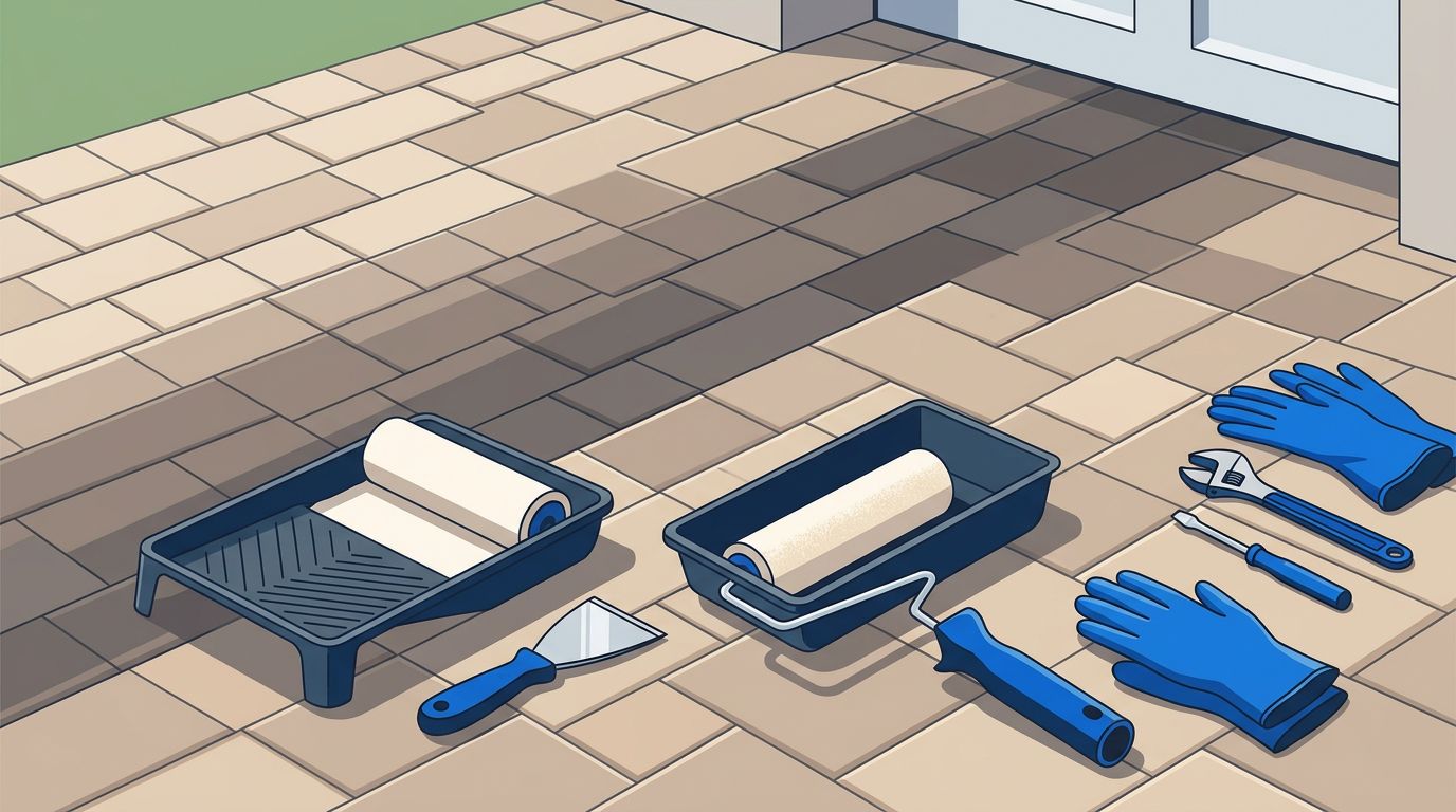 A paved driveway showing dark roller overlap marks alongside blue sealant tools.