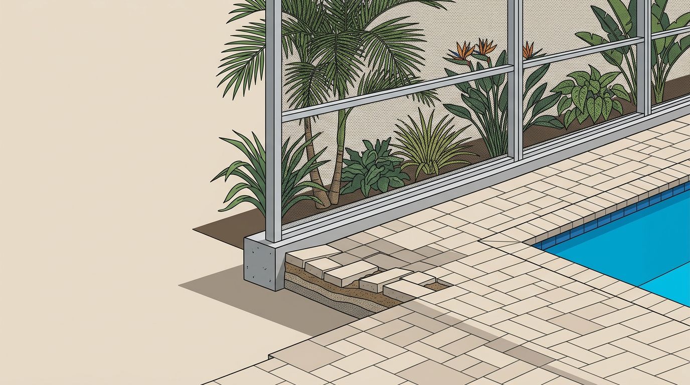Sunken interlocking pavers forming a dip near a screened pool enclosure footing.