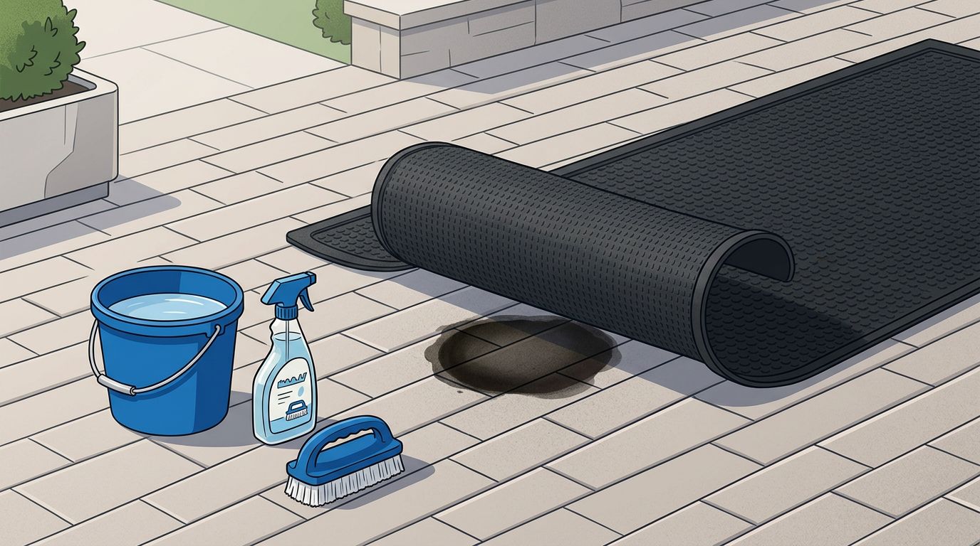 A black rubber mat lifted on a brick patio to show a dark stain with cleaning supplies nearby.