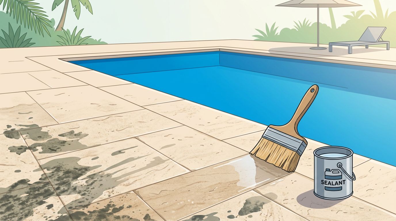 A sealing brush applies a protective coat to a beige travertine pool deck beside a blue swimming pool.
