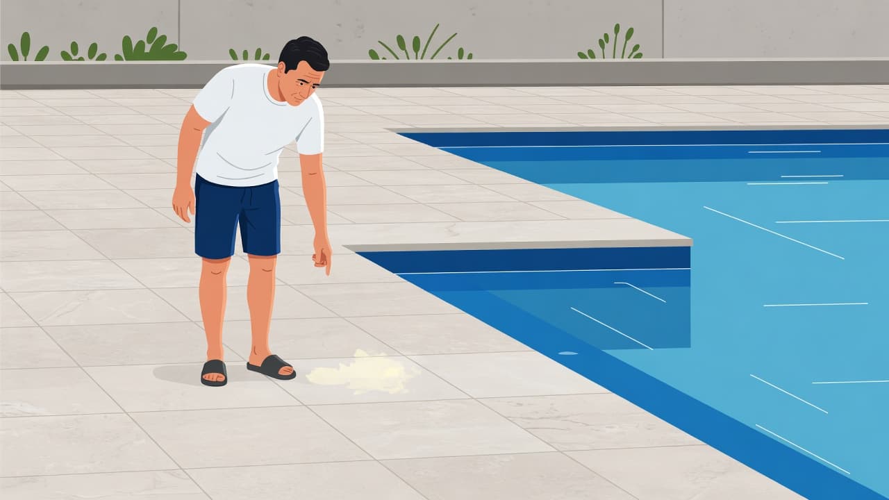 A person stands on a light-colored travertine pool deck examining a discolored patch of stone. The composition highlights the blue pool water edge nearby and clean architectural lines throughout the space.