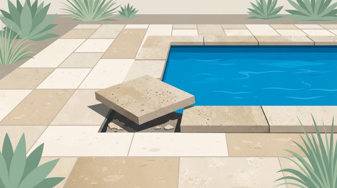 Loose travertine pool coping at a blue pool edge
