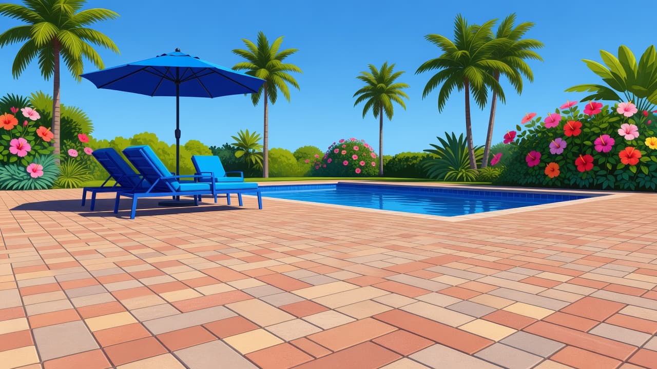 Seal new pavers Florida, newly installed brick pavers create a clean patio area in a sunlit Florida backyard.