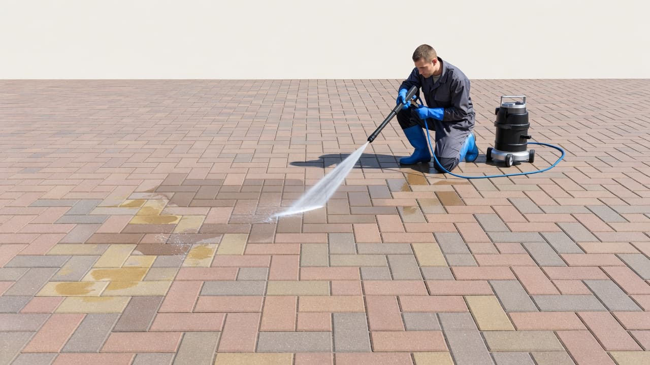 Dog urine brick pavers being cleaned by a worker on a sunny outdoor patio.