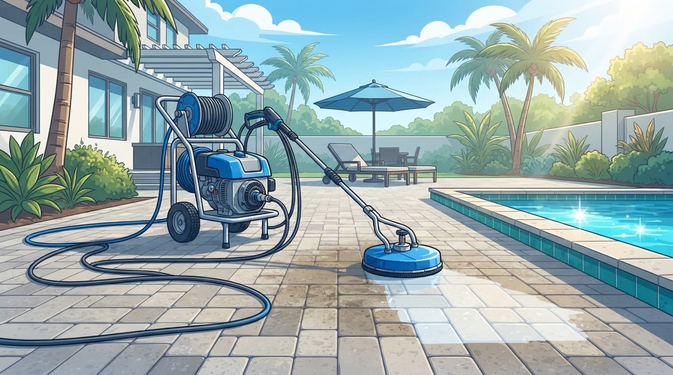 Professional pressure washing equipment positioned on a sunlit stone paver patio.
