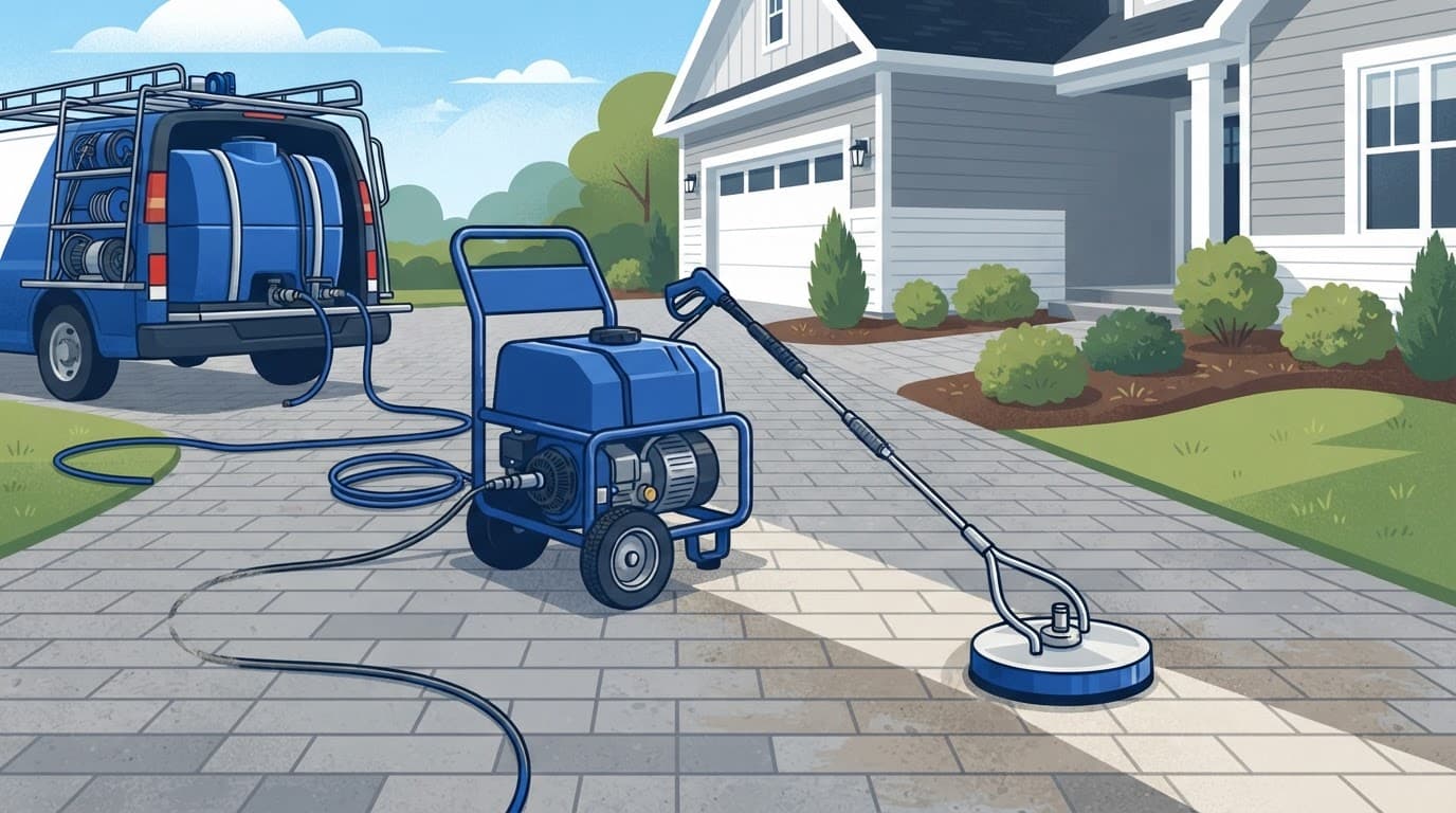 Cigarette burn marks brick pavers with restoration equipment nearby