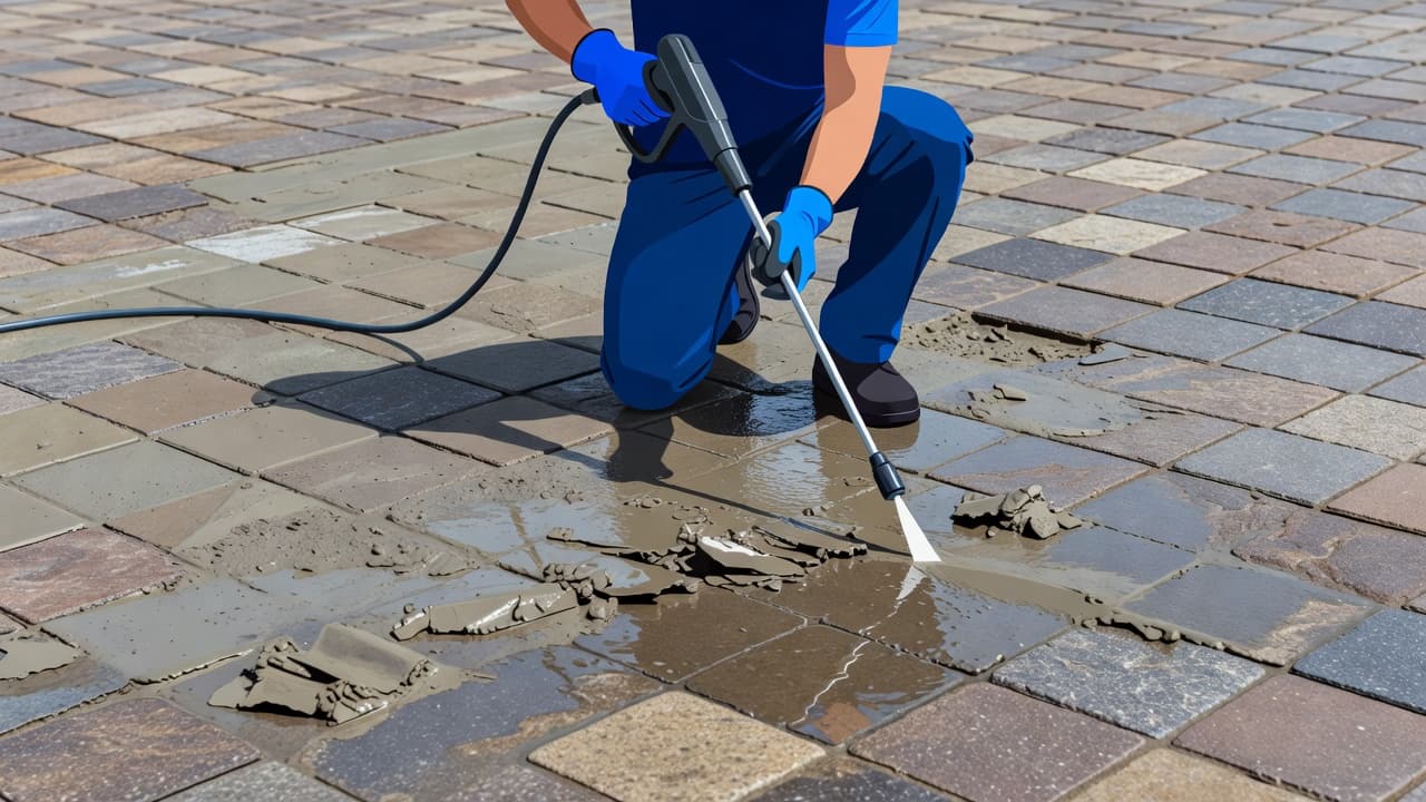 A technician uses a professional rotary scrubber to strip weathered sealer from concrete patio pavers. The machine reveals a patch of clean, natural stone beneath the dull, flaking gray layer.