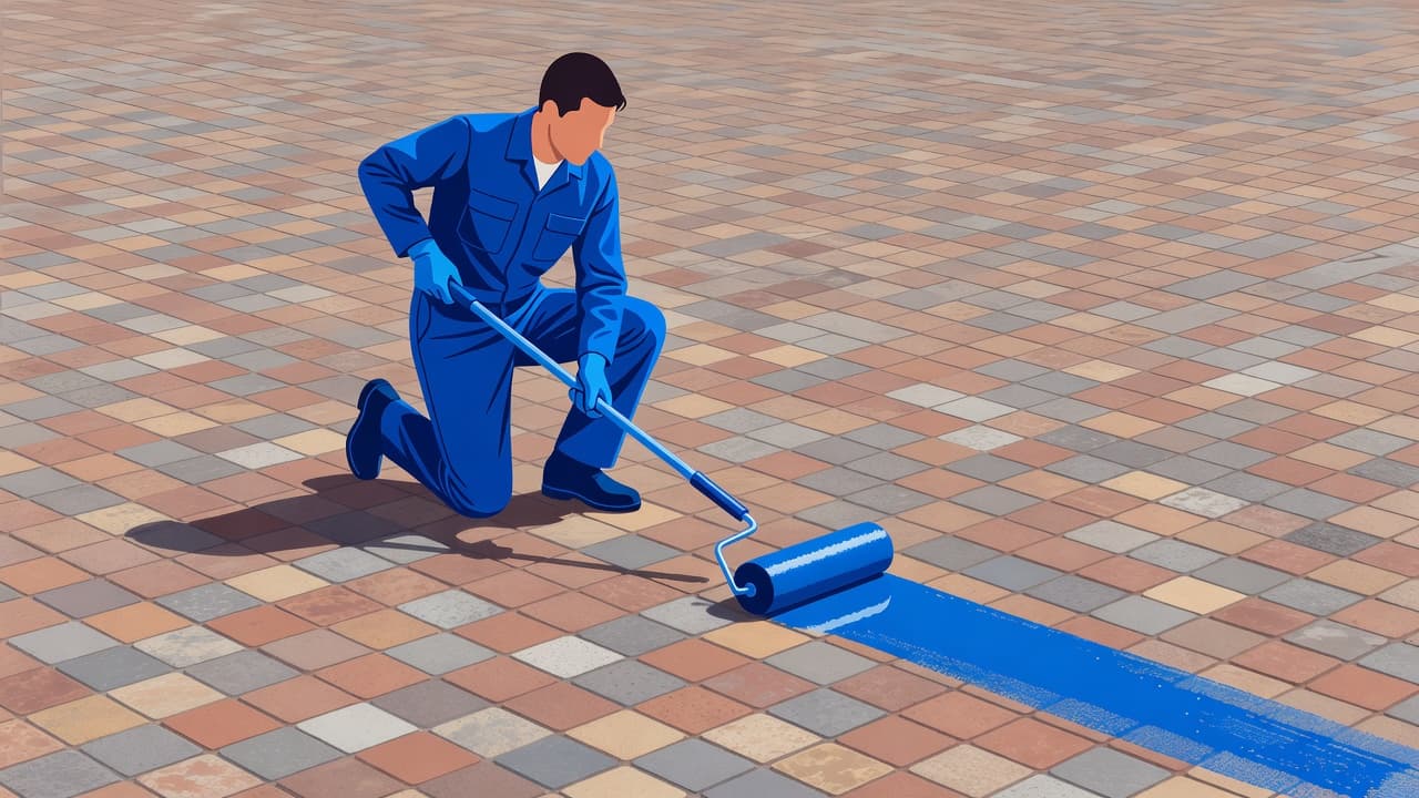 Paver sealer overlap marks during a professional paver sealing process.