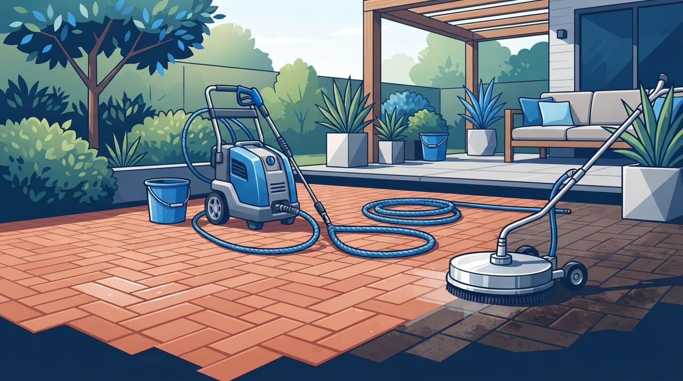 Modern pressure washing equipment rests beside clean brick pavers after restoration.