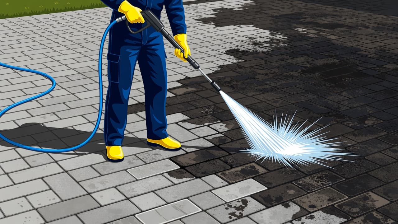 A technician operates a high-pressure wand to wash grime off red bricks. A stark line separates the sparkling clean surface from the darkened, soot-covered area currently being treated with water.