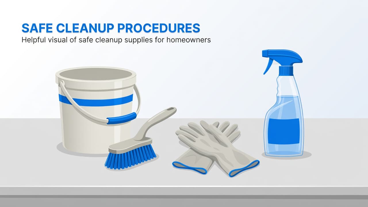 A plastic bucket, ergonomic scrubbing brush, rubber gloves, and a spray bottle sit neatly on a sterile surface. The composition uses bold blue accents against a minimalist, clean white background.
