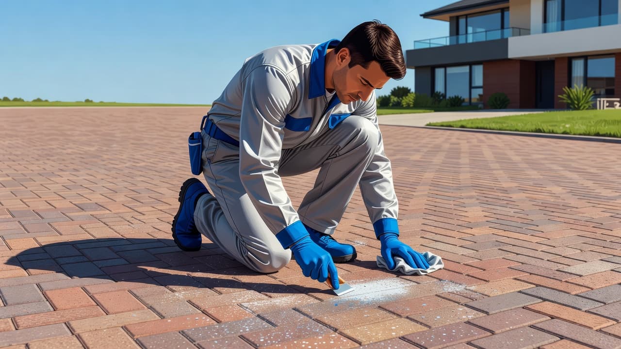 A worker dressed in a crisp uniform uses specialized tools to remove paint droplets from outdoor brick pavers. The scene features bright daylight and clean architectural lines within a driveway setting.