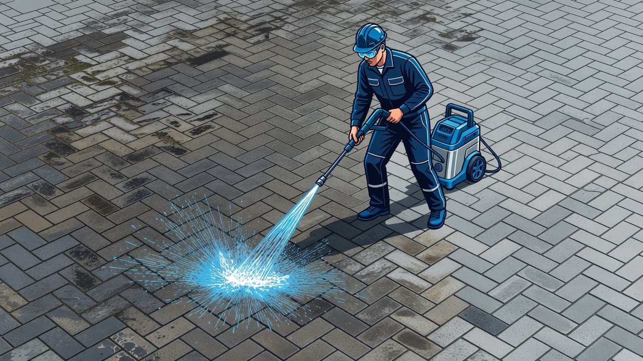 A worker in blue attire uses a high-pressure wand to remove dirt from weathered gray patio stones. The deep cleaning process reveals original vibrant paver colors against a pristine backyard setting.