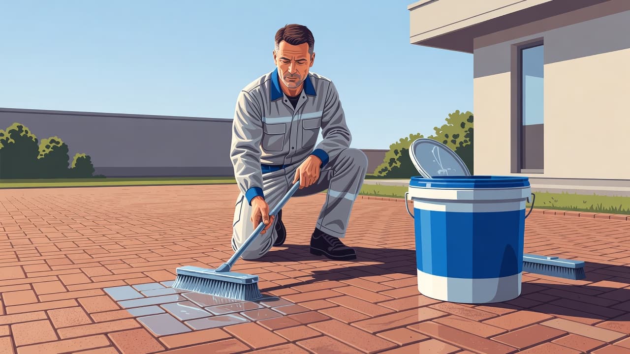Paver sealer bubbles being prevented as a worker applies sealer to brick pavers