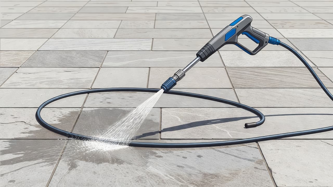 A high-powered pressure washing wand rests on a weathered stone deck surface. Bold blue accents highlight the metallic nozzle and handle, emphasizing the industrial tool used for deep outdoor surface cleaning.