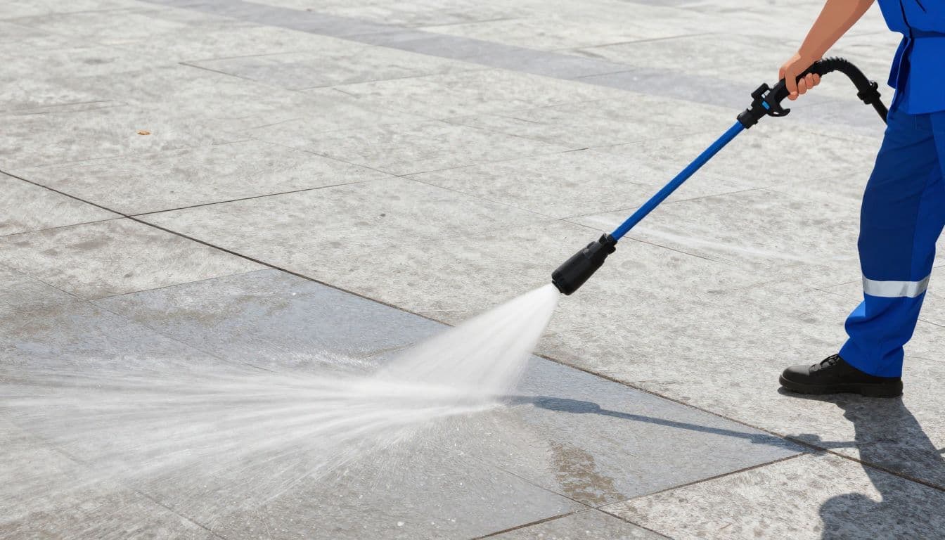 A worker uses a high-pressure water wand to strip grime from stone patio pavers, creating a mist of spray. Vibrant blue accents highlight the machinery against the bright, clean stone surface.