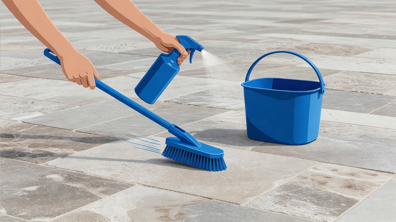 A high-pressure nozzle sprays water across textured stone tiles on an outdoor patio, lifting grime to reveal a clean surface. The minimalist tool features striking saturated blue accents throughout.