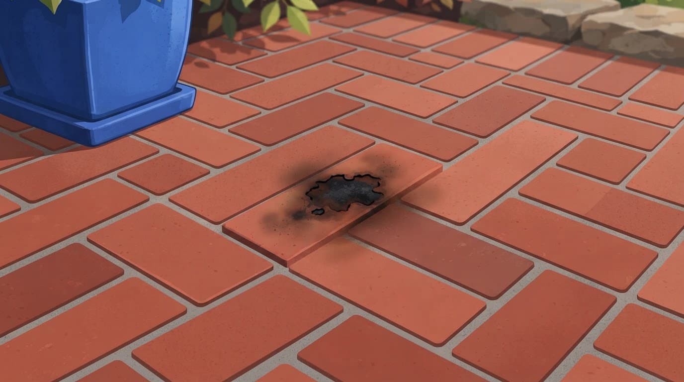 Cigarette burn marks brick pavers shown in a close-up patio repair illustration