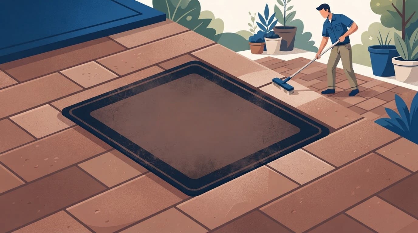 Rubber mat stains pavers with a dark outline on reddish-brown brick, with a worker in the background.