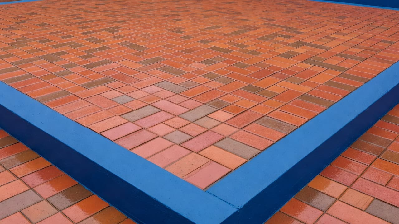 A vibrant brick patio features a glossy, protective seal that reflects ambient light. The interlocking red pavers are arranged in a clean herringbone pattern with deep, consistent grout lines throughout.