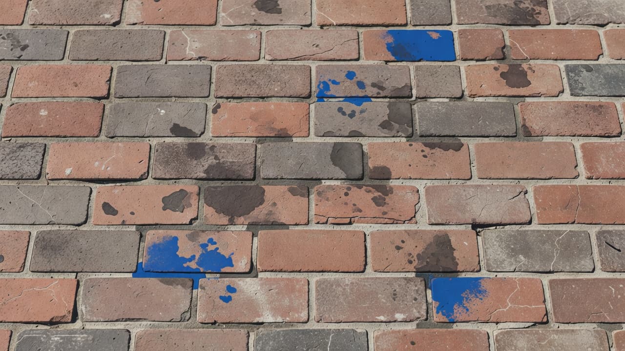 Close-up view of weathered brick pavers featuring visible spots and unique discolorations across the surface. Subtle blue accents highlight the gaps, indicating sections that require professional cleaning and restoration work.