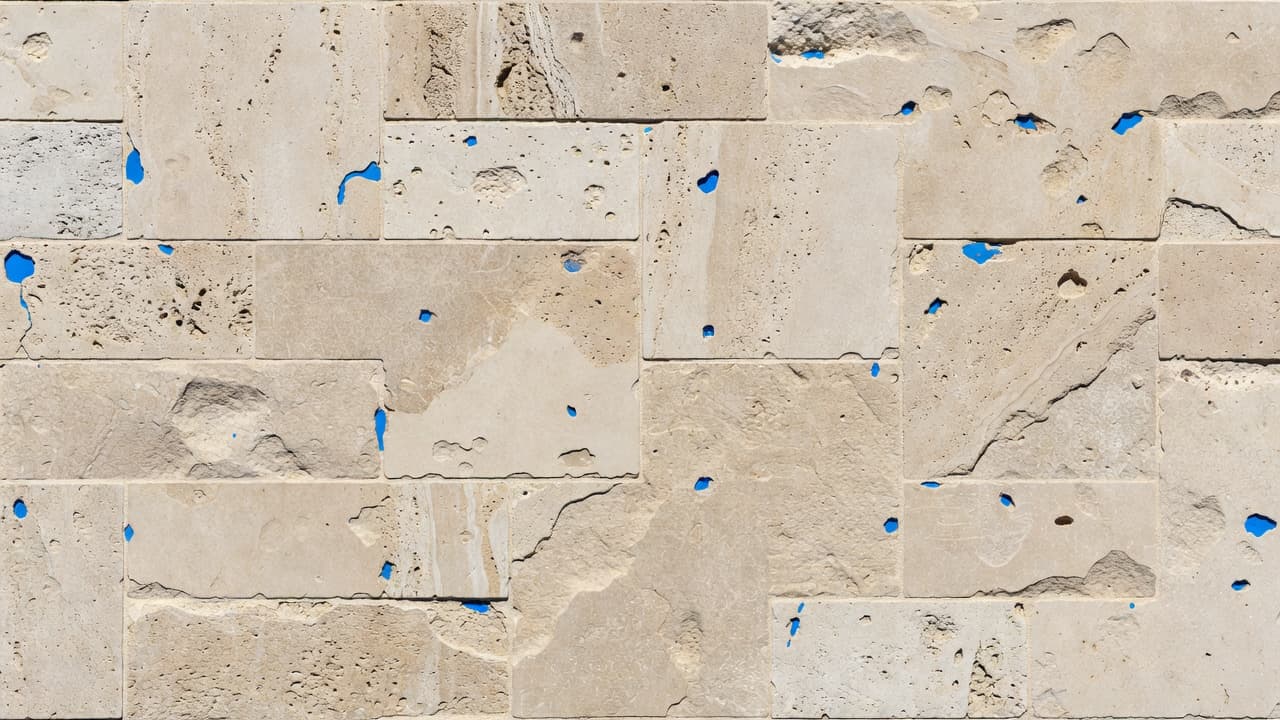 Close-up of outdoor travertine holes across a porous patio surface in daylight.
