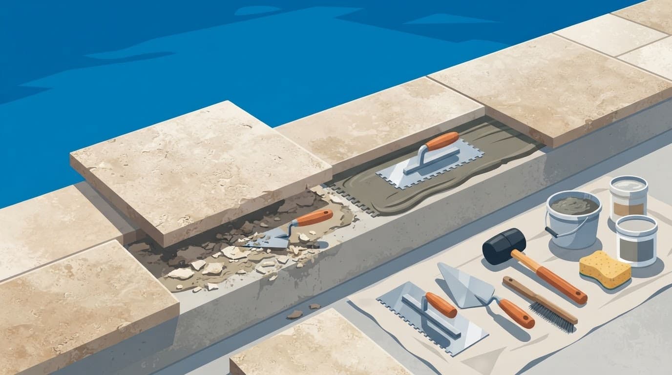Loose travertine pool coping repair materials beside a blue pool edge