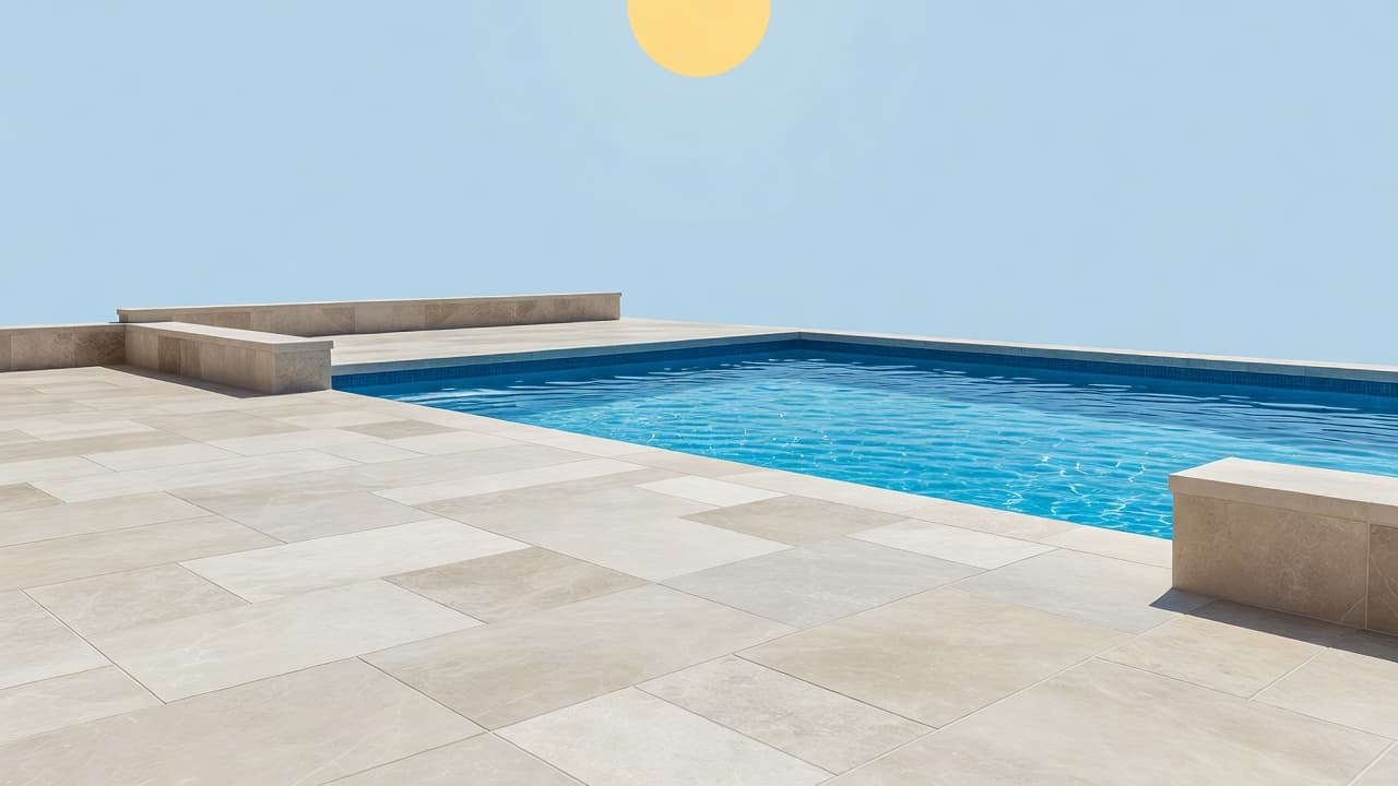 Travertine pool deck sealing on a clean stone pool deck beside sparkling blue water.