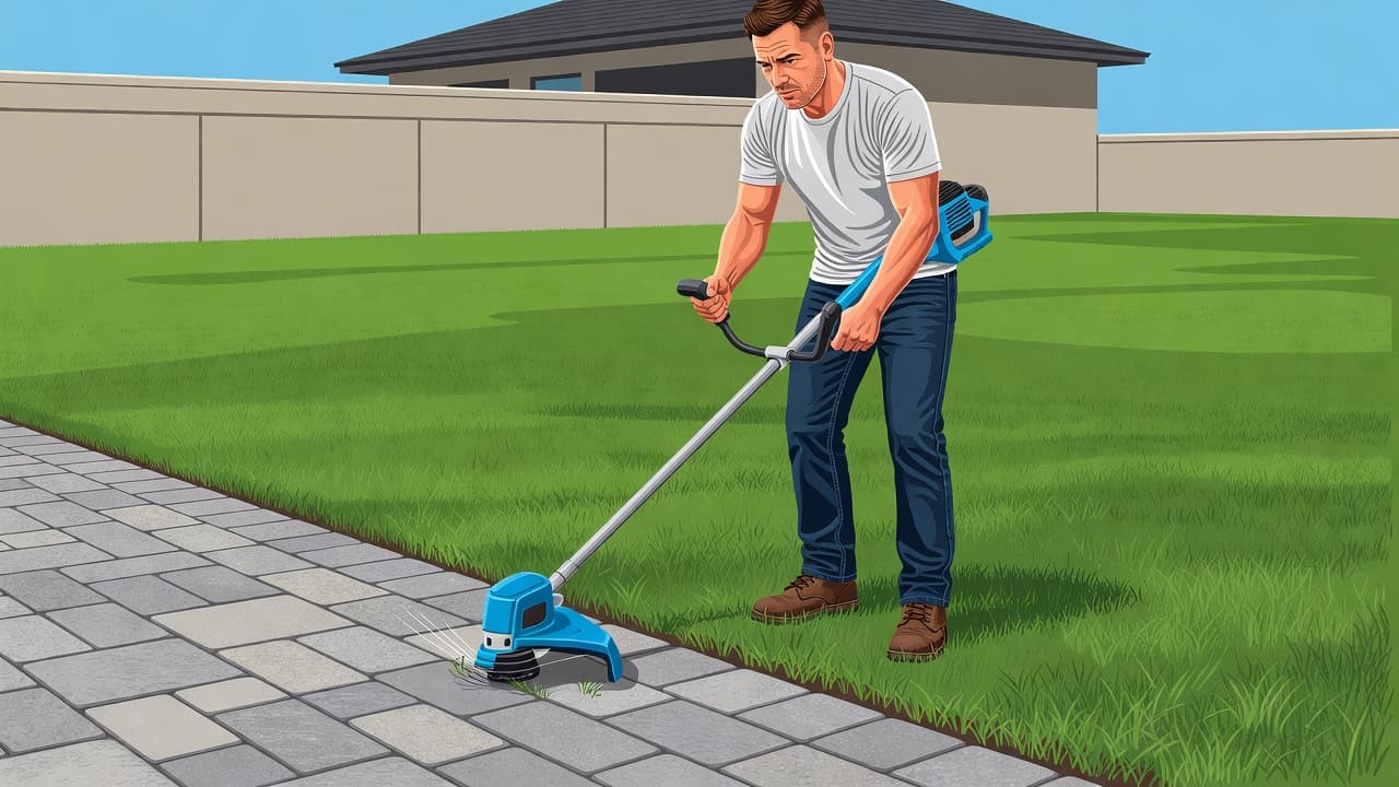 Prevent lawn edger damage while trimming grass along a stone paver border.