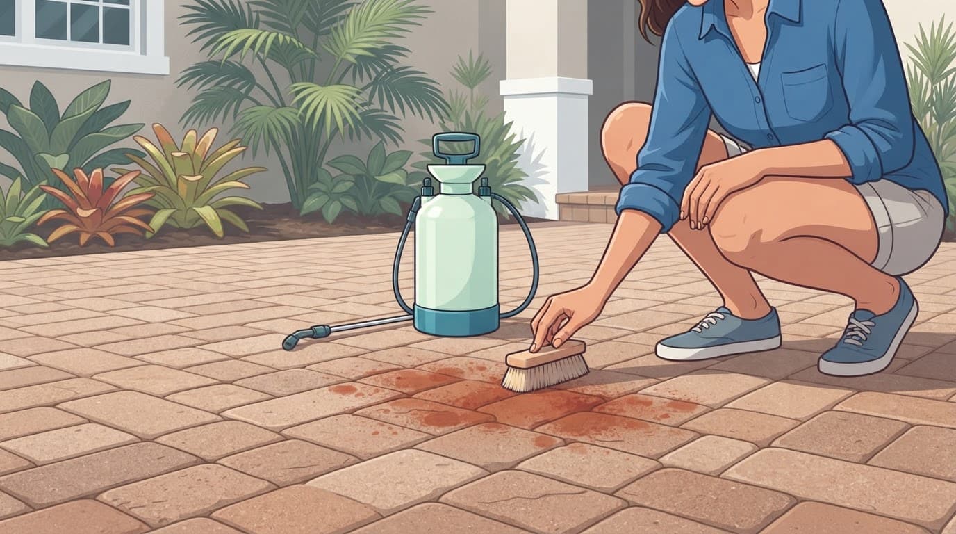 Inspecting orange clay discoloration on brick pavers