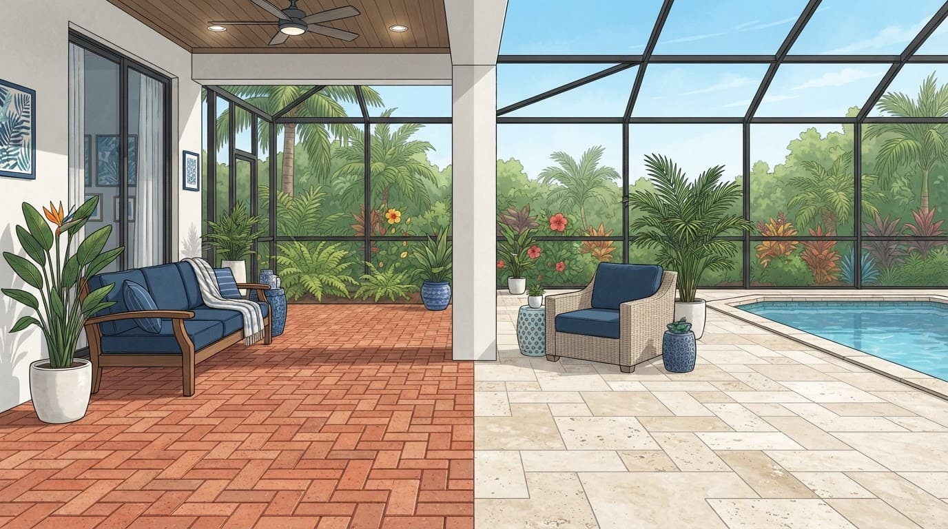Red brick and cream travertine beside a Florida pool.
