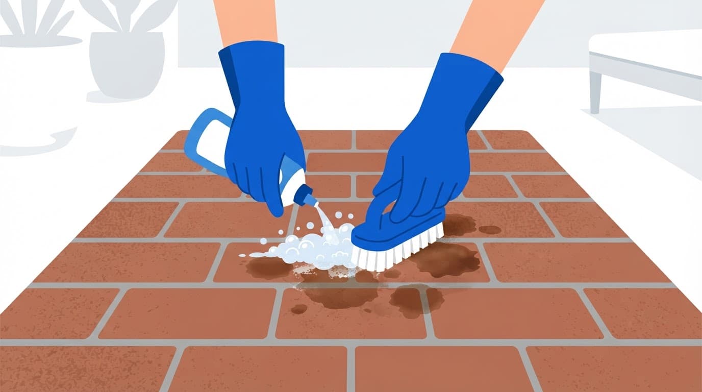 Gloved hands scrub coffee stains from brick pavers with a brush and soapy water.