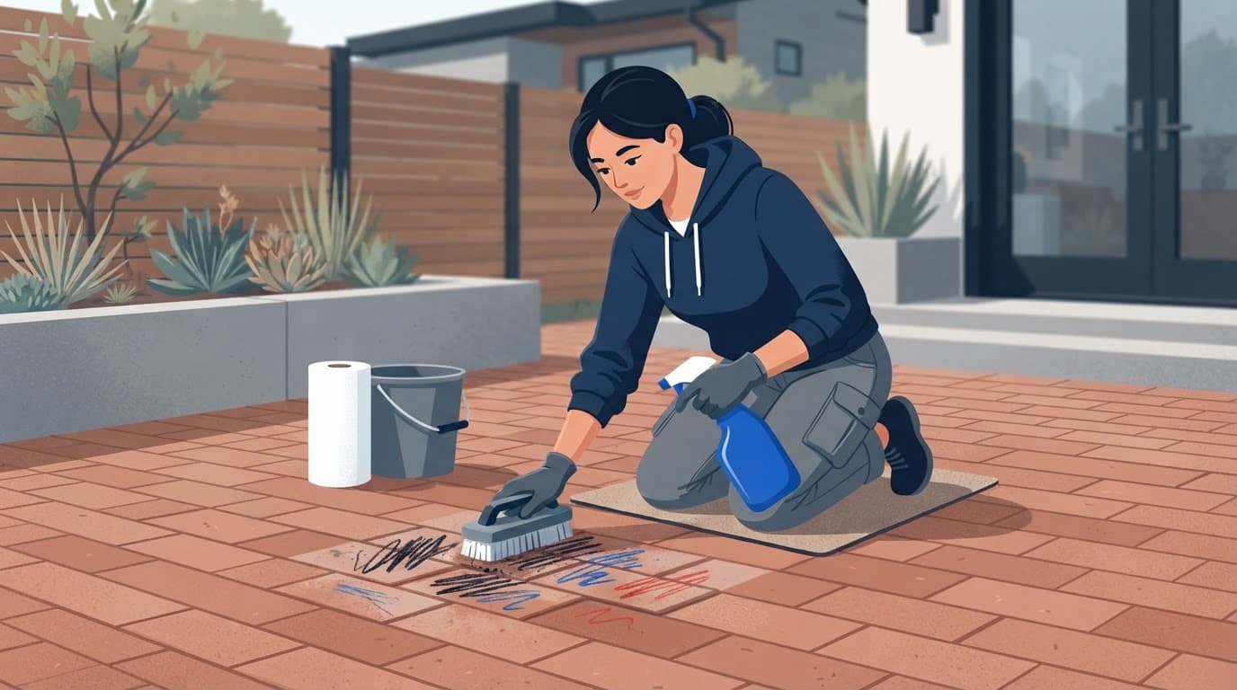 Brick pavers being scrubbed outdoors.
