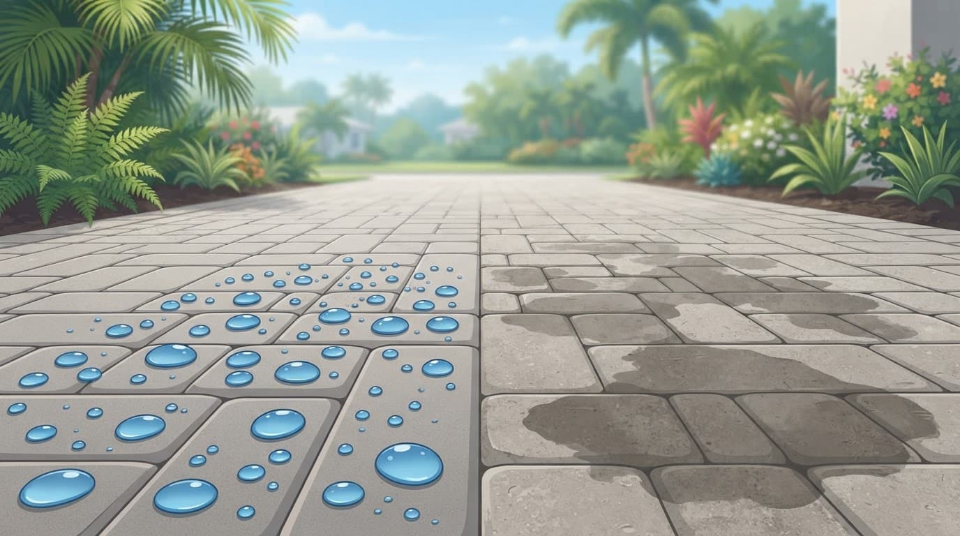 water beading on pavers beside a dull area absorbing moisture.