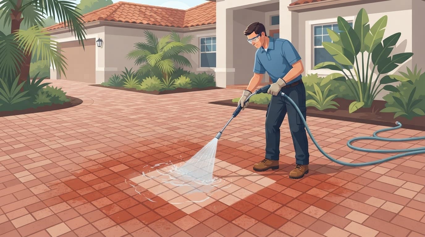 Controlled rinsing of clay residue from brick pavers.