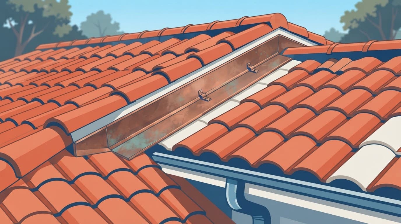 copper strips installed along a residential tile-roof ridge.